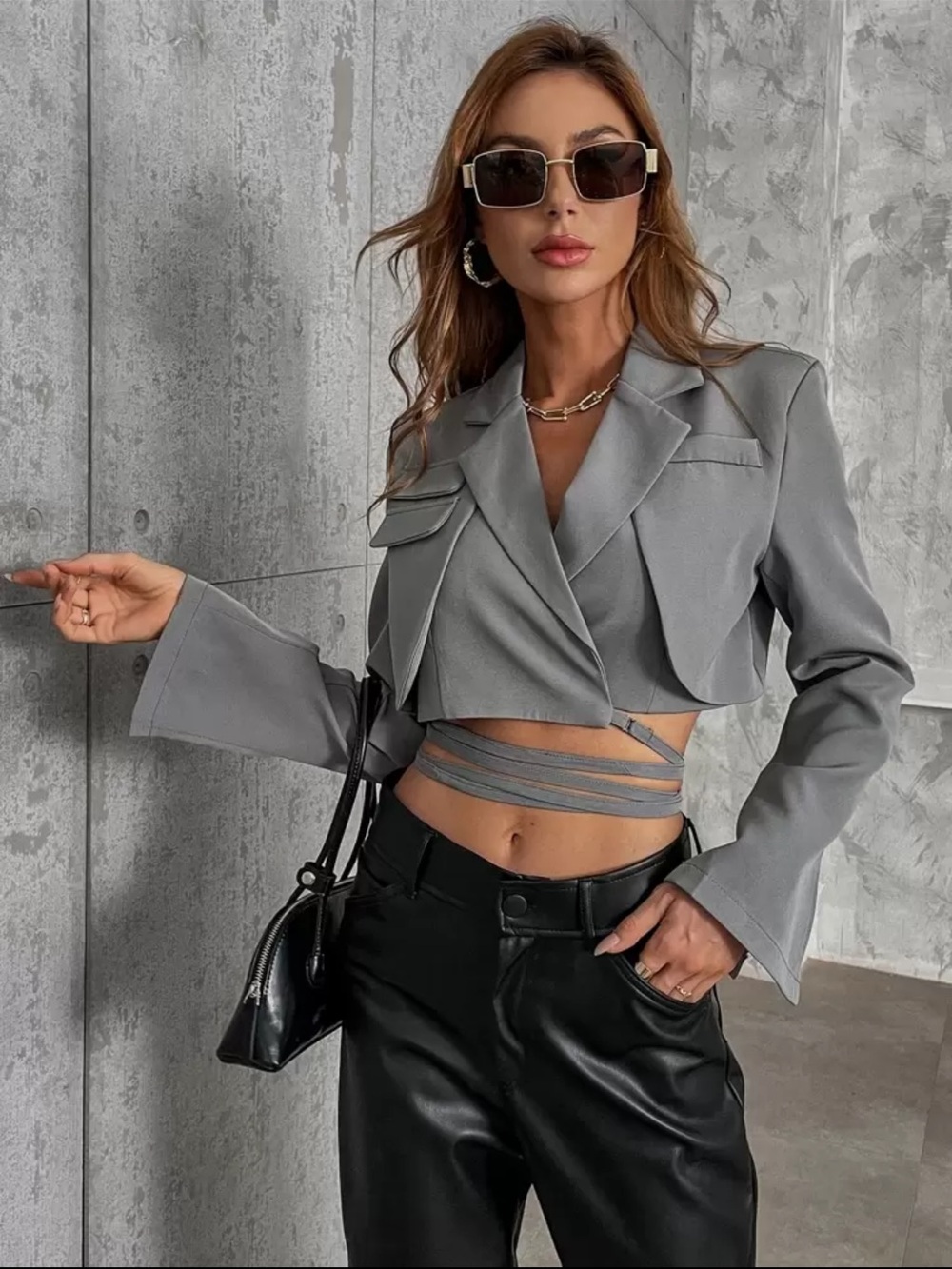 Cropped Gray Women's Blazer Wrap Knot Back
